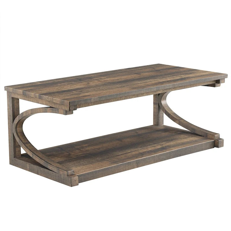 Table basse rectangulaire base courbée en C étagère de rangement ouverte en bois d'hévéa MDF rustique