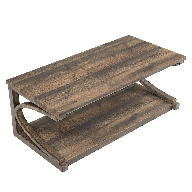Table basse rectangulaire base courbée en C étagère de rangement ouverte en bois d'hévéa MDF rustique