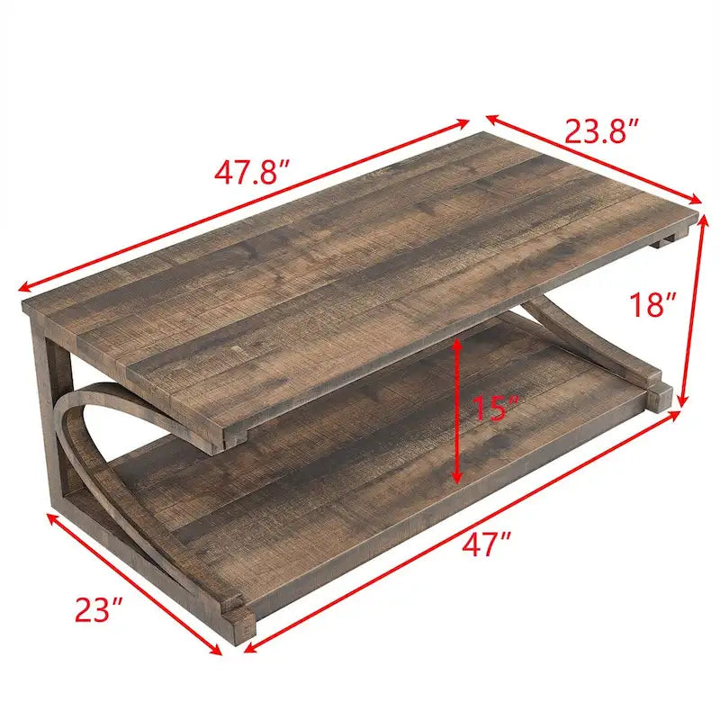 Table basse rectangulaire base courbée en C étagère de rangement ouverte en bois d'hévéa MDF rustique