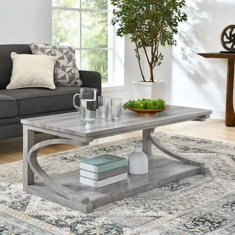 Table basse rectangulaire base courbée en C étagère de rangement ouverte en bois d'hévéa MDF rustique
