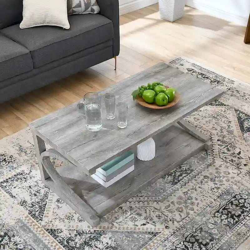 Table basse rectangulaire base courbée en C étagère de rangement ouverte en bois d'hévéa MDF rustique