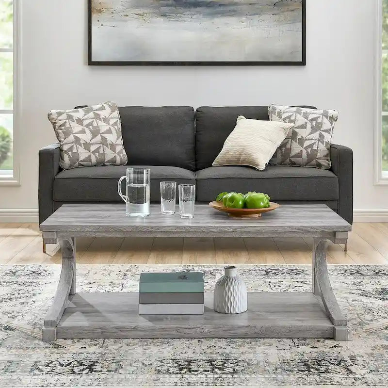 Table basse rectangulaire base courbée en C étagère de rangement ouverte en bois d'hévéa MDF rustique