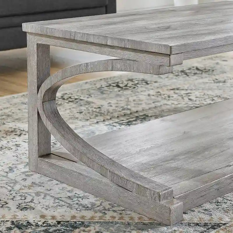 Table basse rectangulaire base courbée en C étagère de rangement ouverte en bois d'hévéa MDF rustique