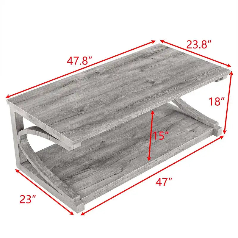Table basse rectangulaire base courbée en C étagère de rangement ouverte en bois d'hévéa MDF rustique