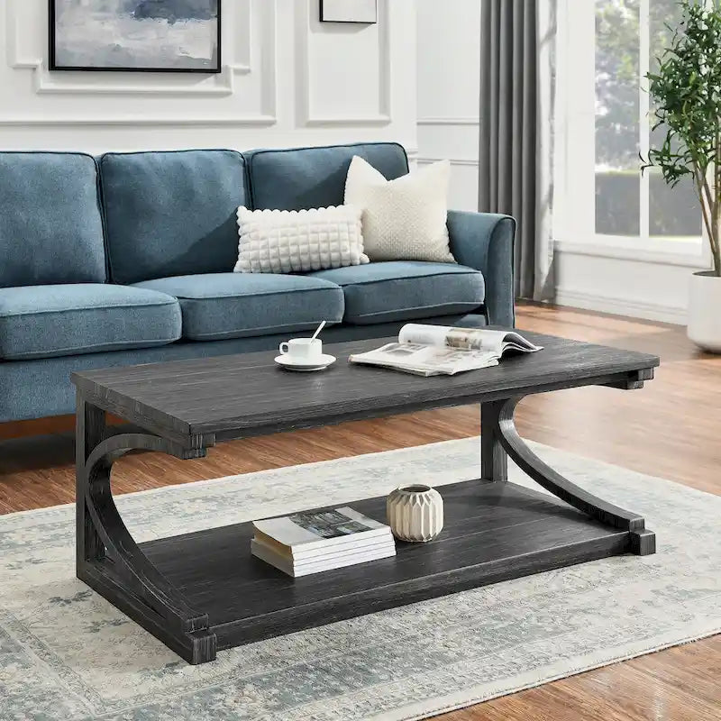 Table basse rectangulaire base courbée en C étagère de rangement ouverte en bois d'hévéa MDF rustique