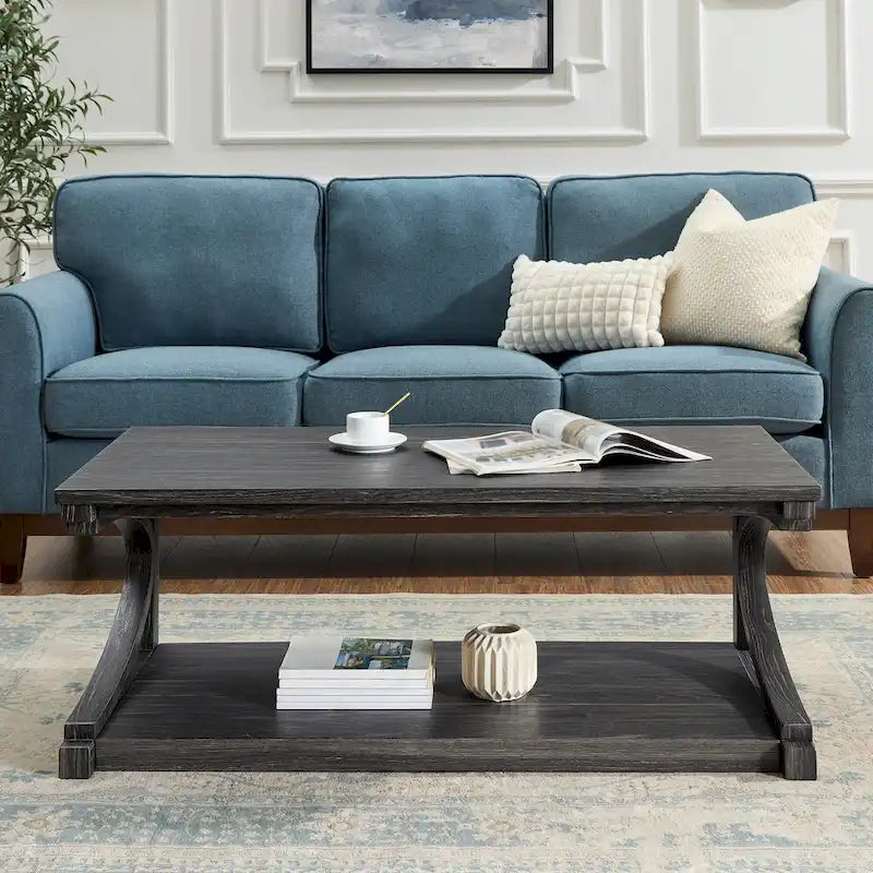 Table basse rectangulaire base courbée en C étagère de rangement ouverte en bois d'hévéa MDF rustique