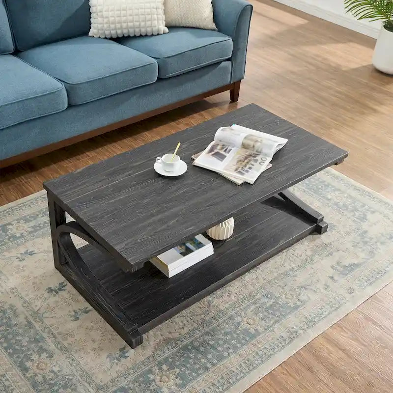 Table basse rectangulaire base courbée en C étagère de rangement ouverte en bois d'hévéa MDF rustique