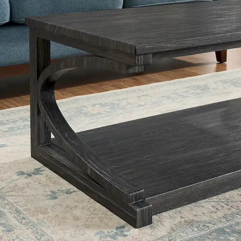 Table basse rectangulaire base courbée en C étagère de rangement ouverte en bois d'hévéa MDF rustique