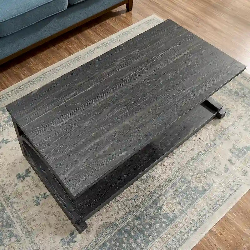 Table basse rectangulaire base courbée en C étagère de rangement ouverte en bois d'hévéa MDF rustique