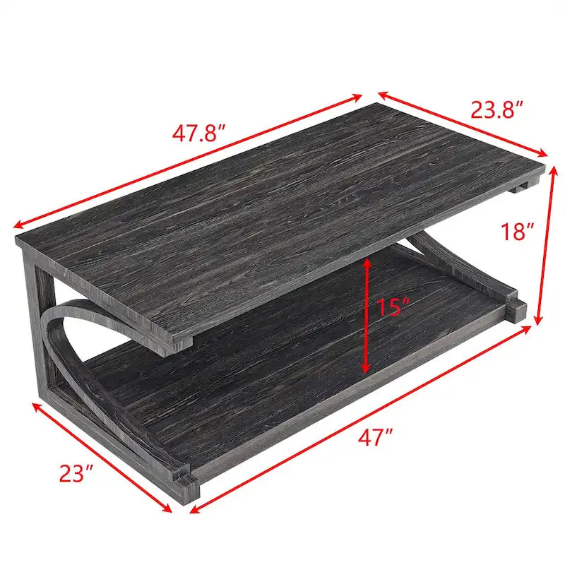 Table basse rectangulaire base courbée en C étagère de rangement ouverte en bois d'hévéa MDF rustique