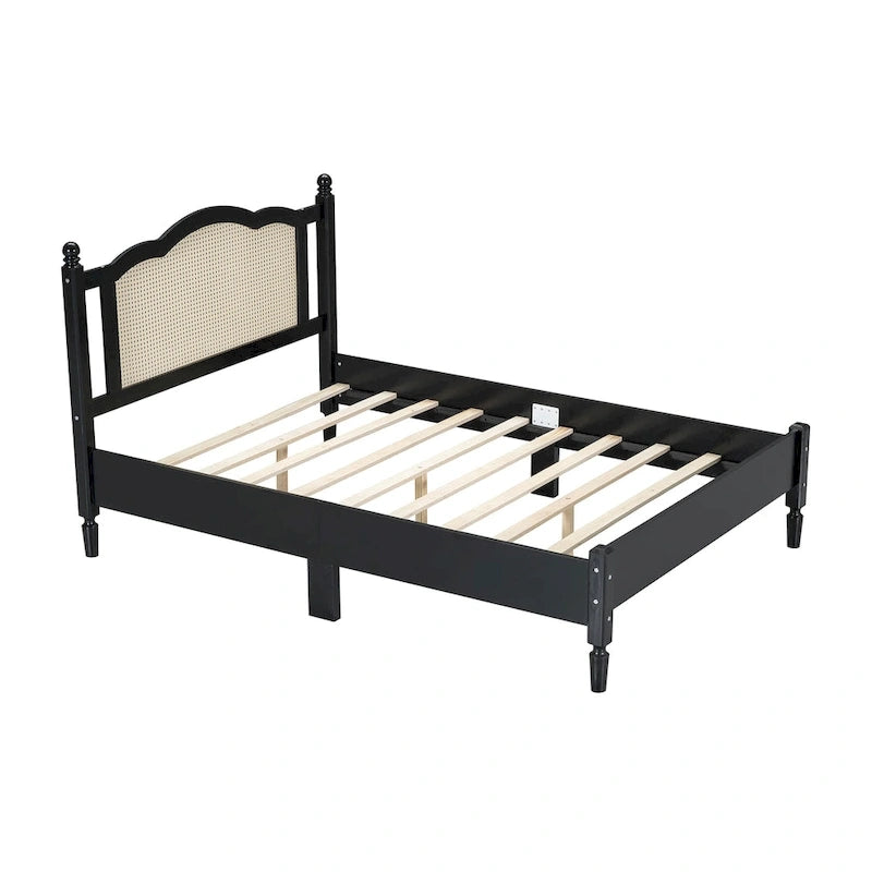 Lit plateforme en bois Tête de lit en rotin arqué Poteaux à fuseaux Style français Grand Lit Double