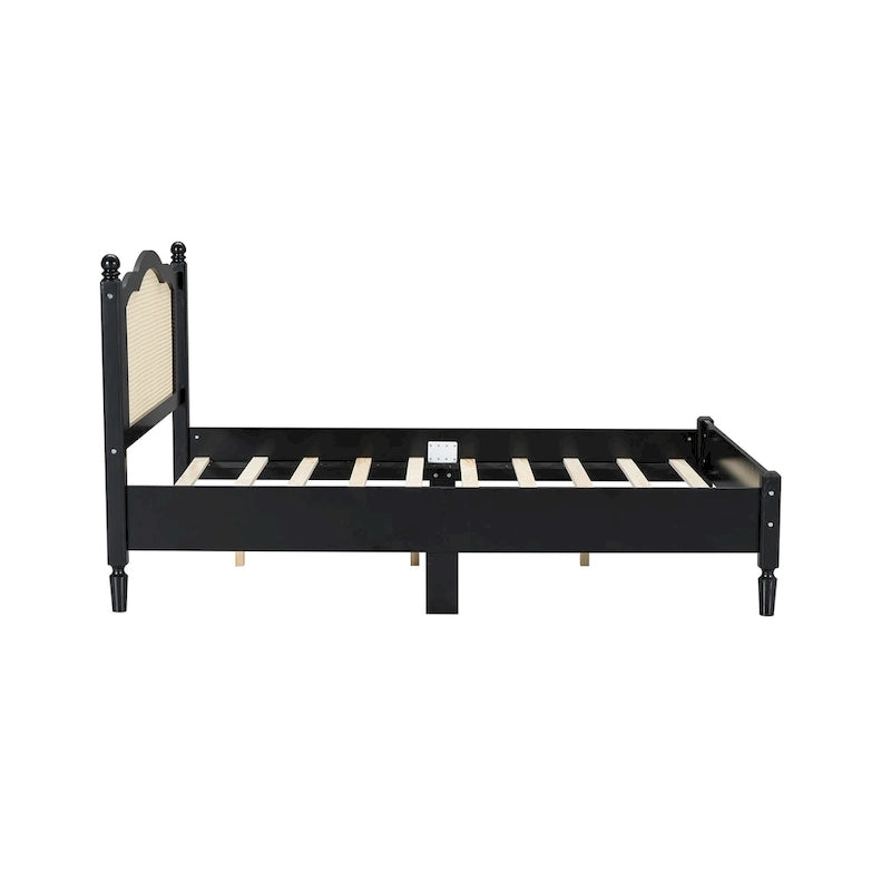 Lit plateforme en bois Tête de lit en rotin arqué Poteaux à fuseaux Style français Grand Lit Double