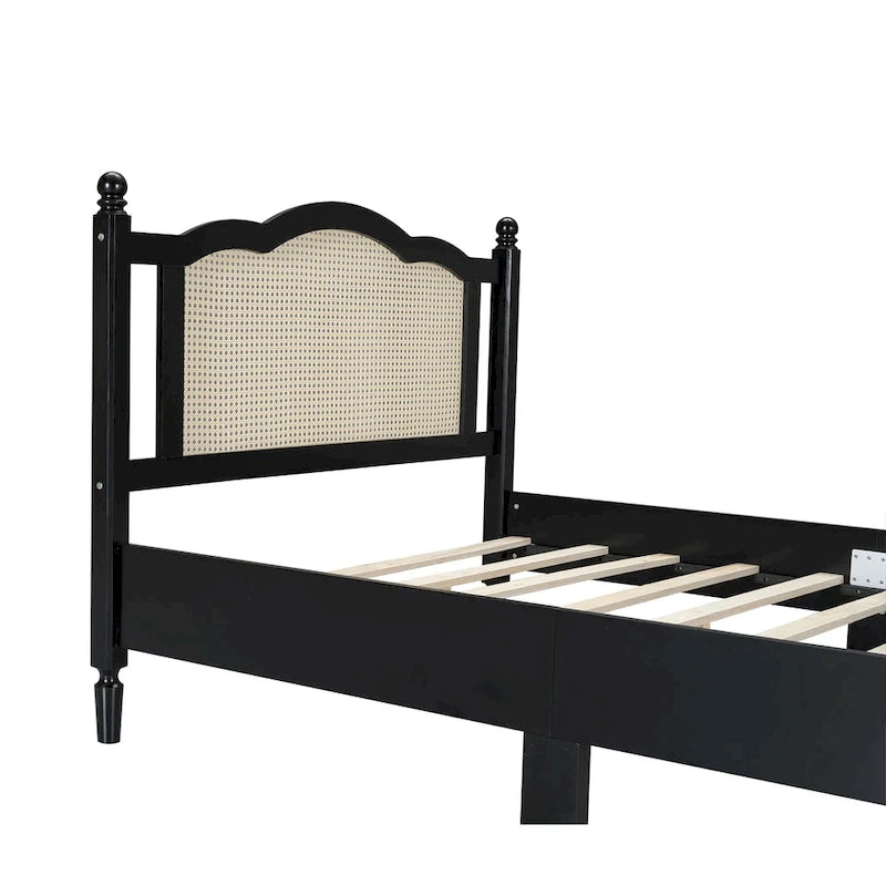 Lit plateforme en bois Tête de lit en rotin arqué Poteaux à fuseaux Style français Grand Lit Double