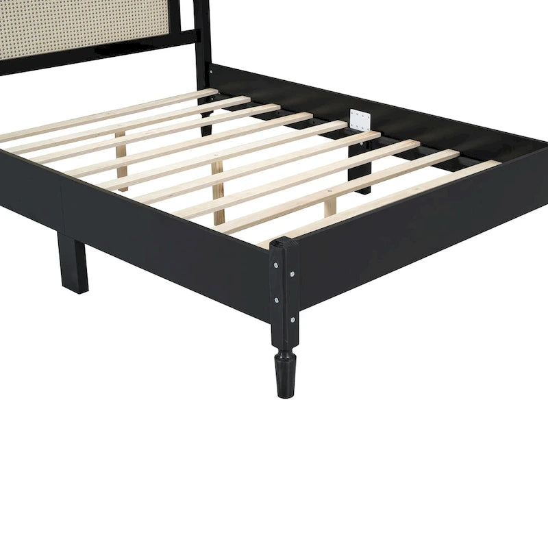 Lit plateforme en bois Tête de lit en rotin arqué Poteaux à fuseaux Style français Grand Lit Double