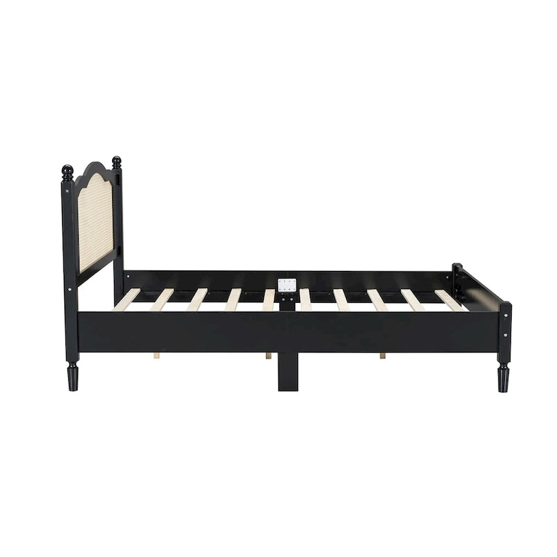 Lit plateforme en bois Tête de lit en rotin arqué Poteaux à fuseaux Style français Grand Lit Double