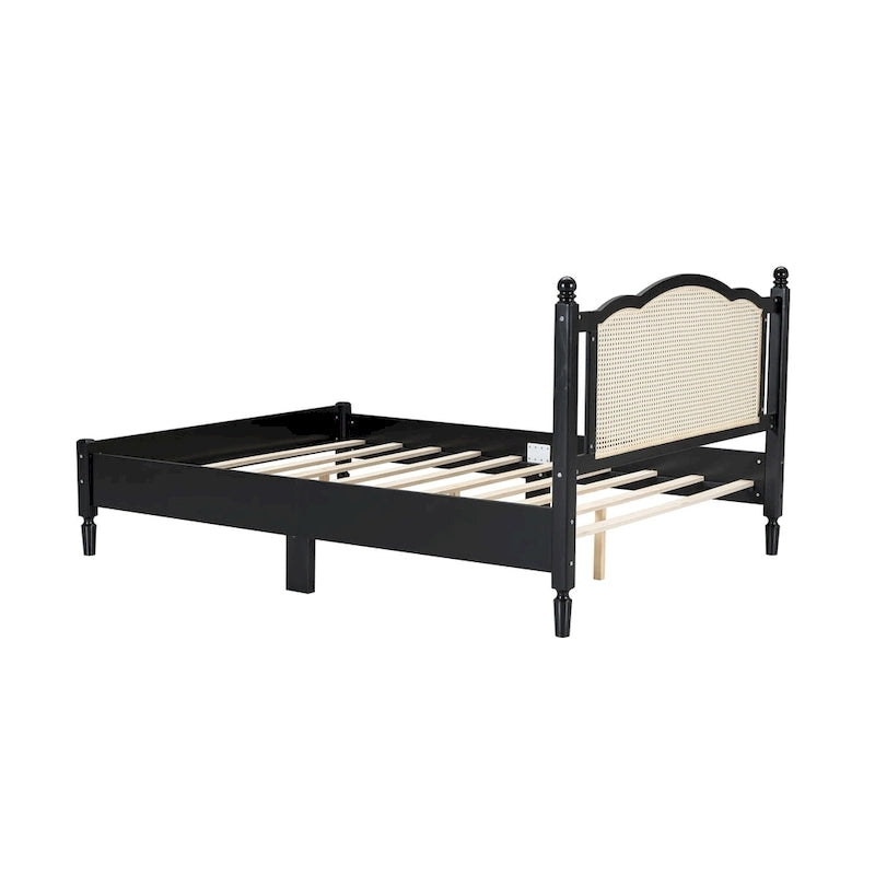 Lit plateforme en bois Tête de lit en rotin arqué Poteaux à fuseaux Style français Grand Lit Double