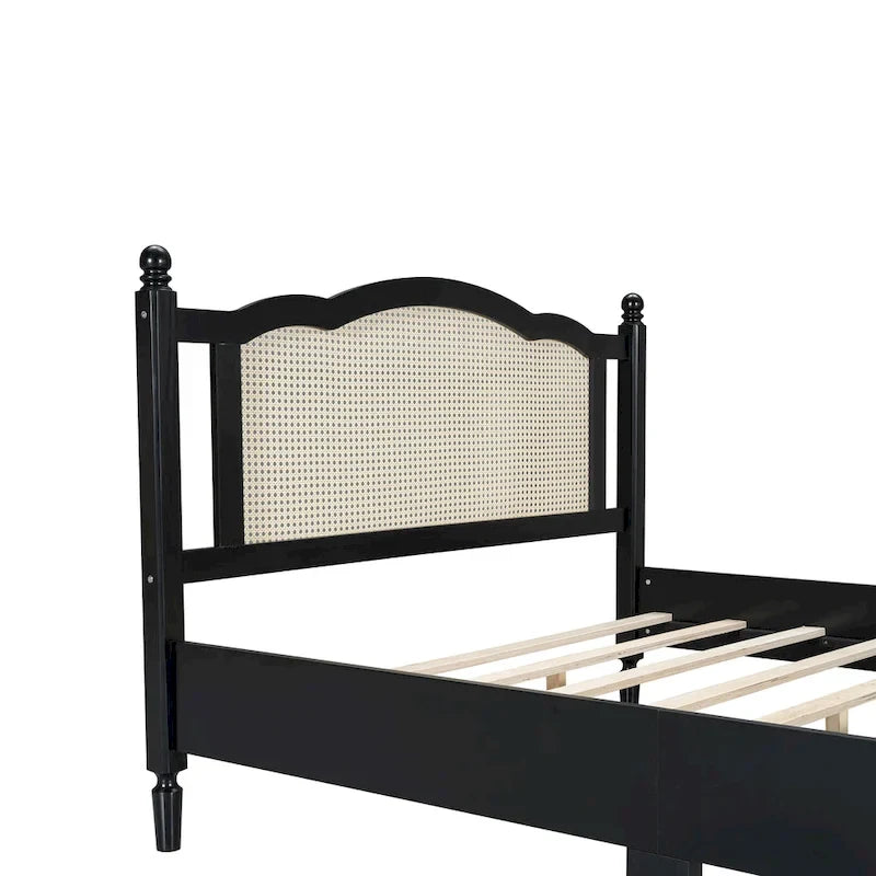 Lit plateforme en bois Tête de lit en rotin arqué Poteaux à fuseaux Style français Grand Lit Double