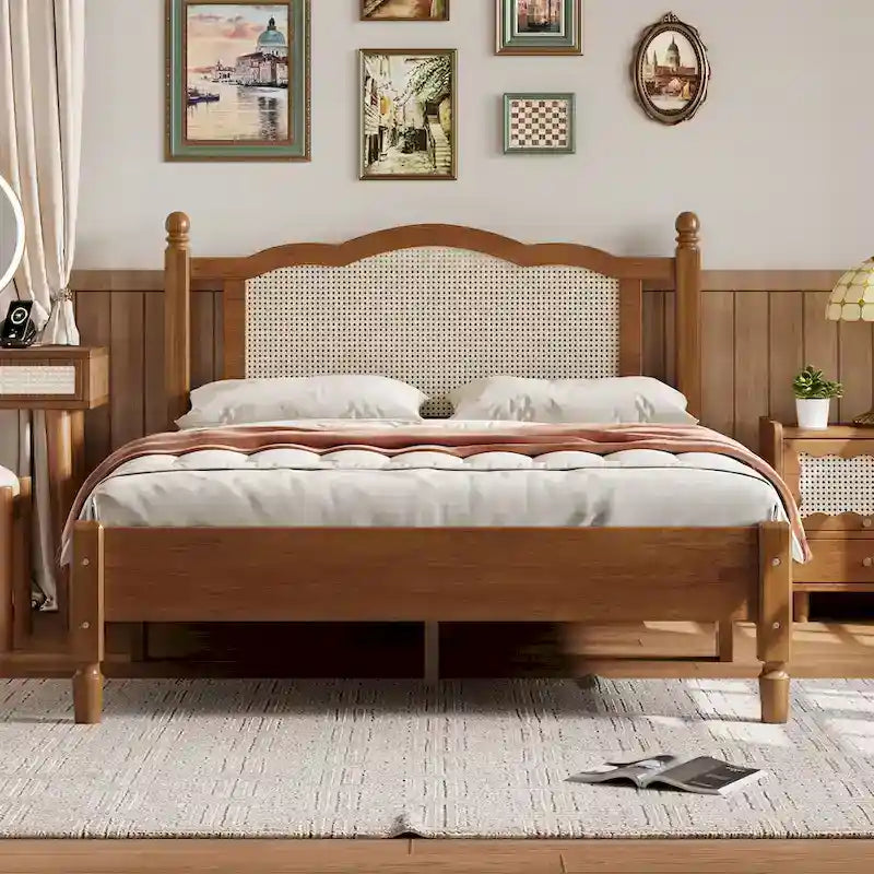 Lit plateforme en bois Tête de lit en rotin arqué Poteaux à fuseaux Style français Grand Lit Double