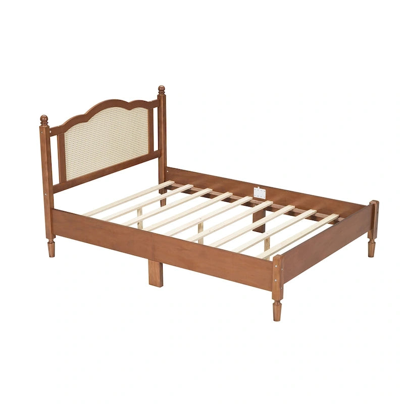 Lit plateforme en bois Tête de lit en rotin arqué Poteaux à fuseaux Style français Grand Lit Double