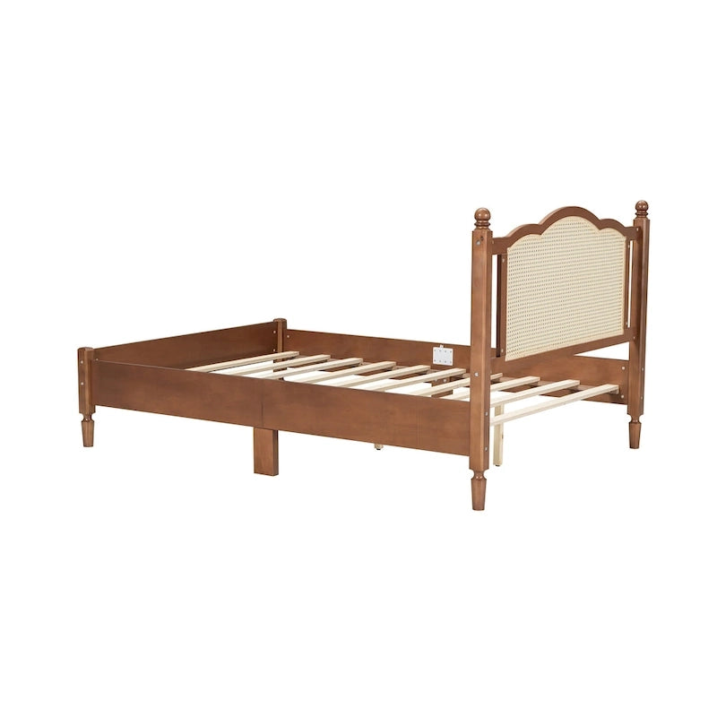 Lit plateforme en bois Tête de lit en rotin arqué Poteaux à fuseaux Style français Grand Lit Double