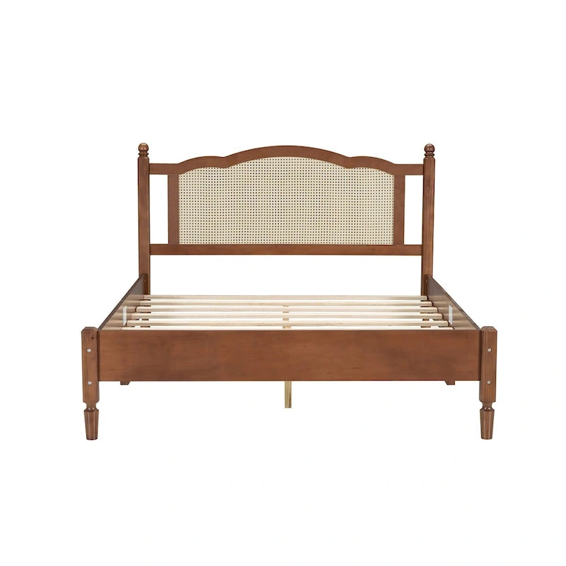 Lit plateforme en bois Tête de lit en rotin arqué Poteaux à fuseaux Style français Grand Lit Double