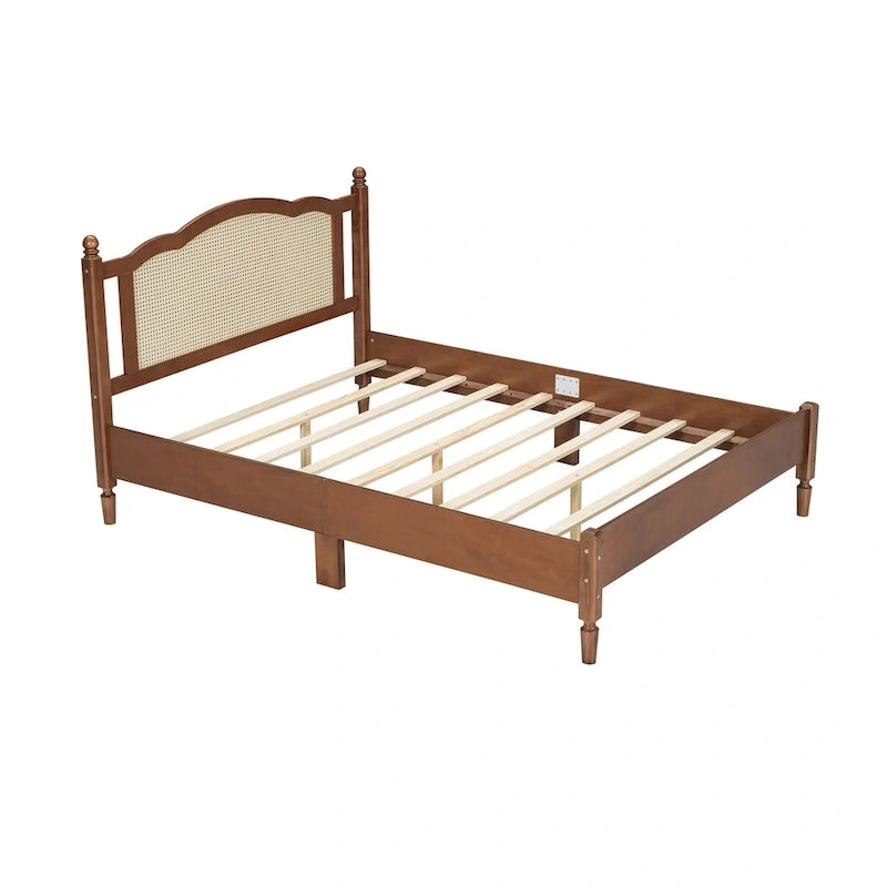 Lit plateforme en bois Tête de lit en rotin arqué Poteaux à fuseaux Style français Grand Lit Double