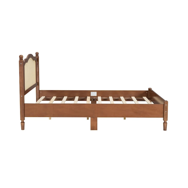 Lit plateforme en bois Tête de lit en rotin arqué Poteaux à fuseaux Style français Grand Lit Double