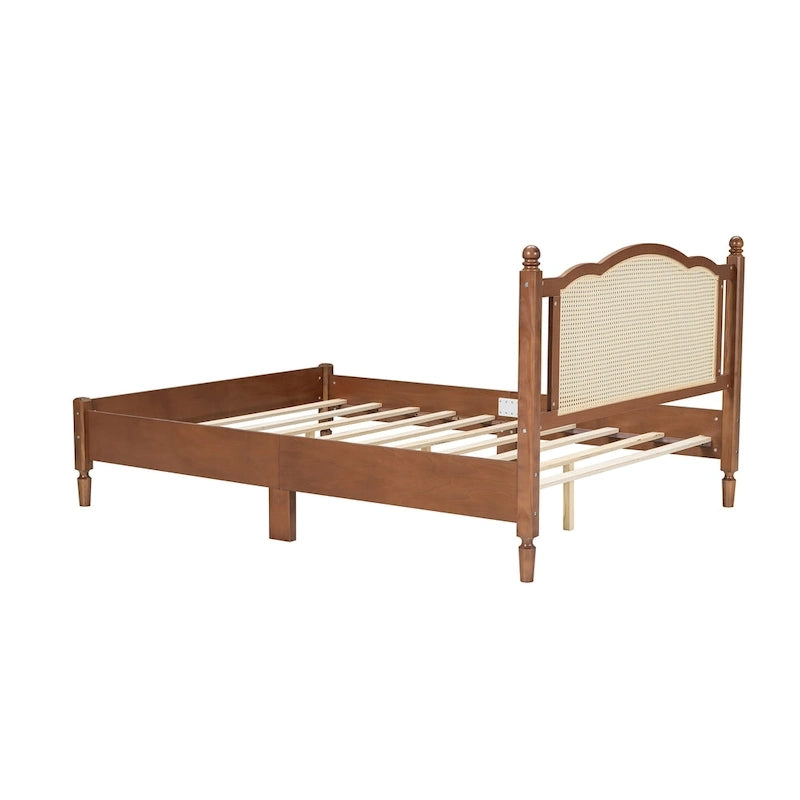 Lit plateforme en bois Tête de lit en rotin arqué Poteaux à fuseaux Style français Grand Lit Double