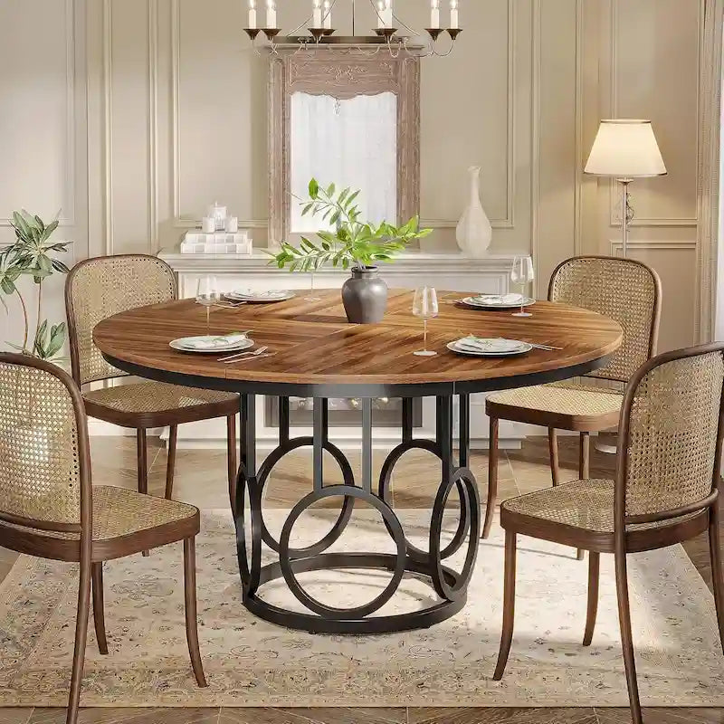 Table à manger ronde de 47 pouces Noyer foncé MDF Piètement anneau en métal noir