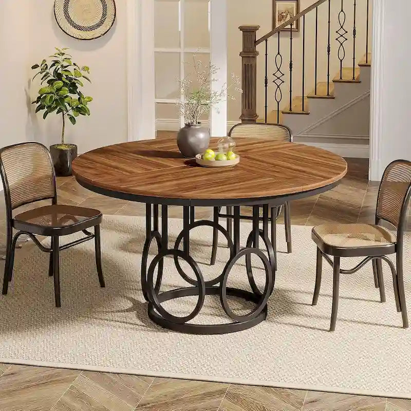 Table à manger ronde de 47 pouces Noyer foncé MDF Piètement anneau en métal noir