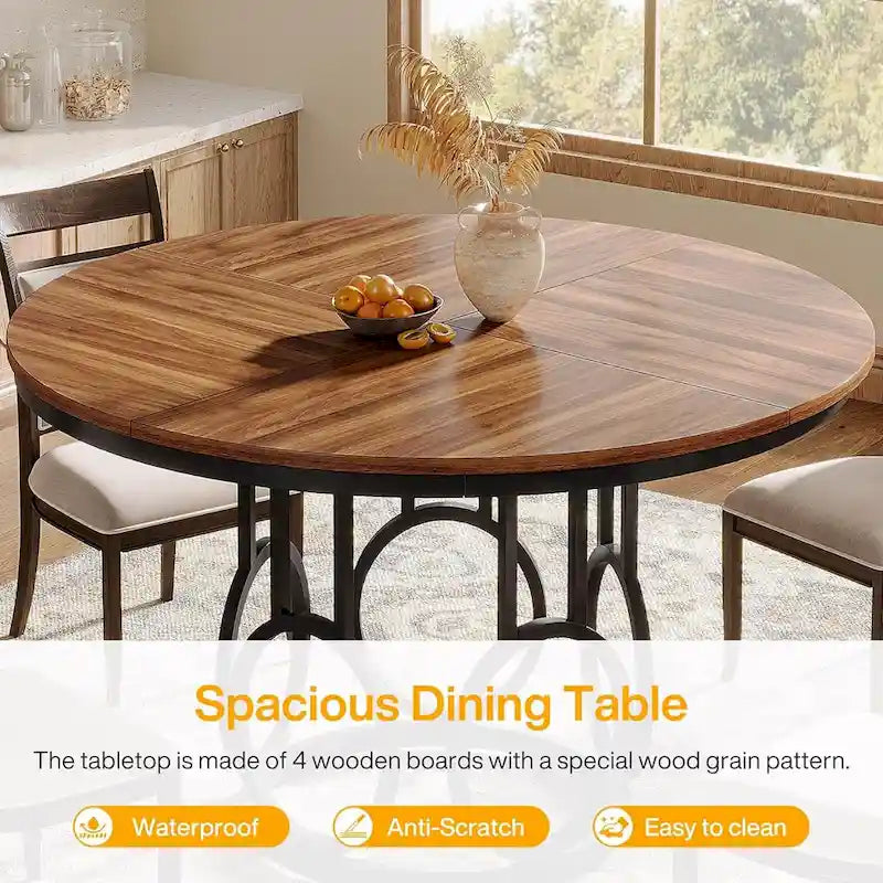 Table à manger ronde de 47 pouces Noyer foncé MDF Piètement anneau en métal noir