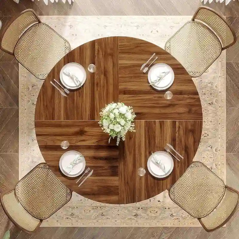 Table à manger ronde de 47 pouces Noyer foncé MDF Piètement anneau en métal noir
