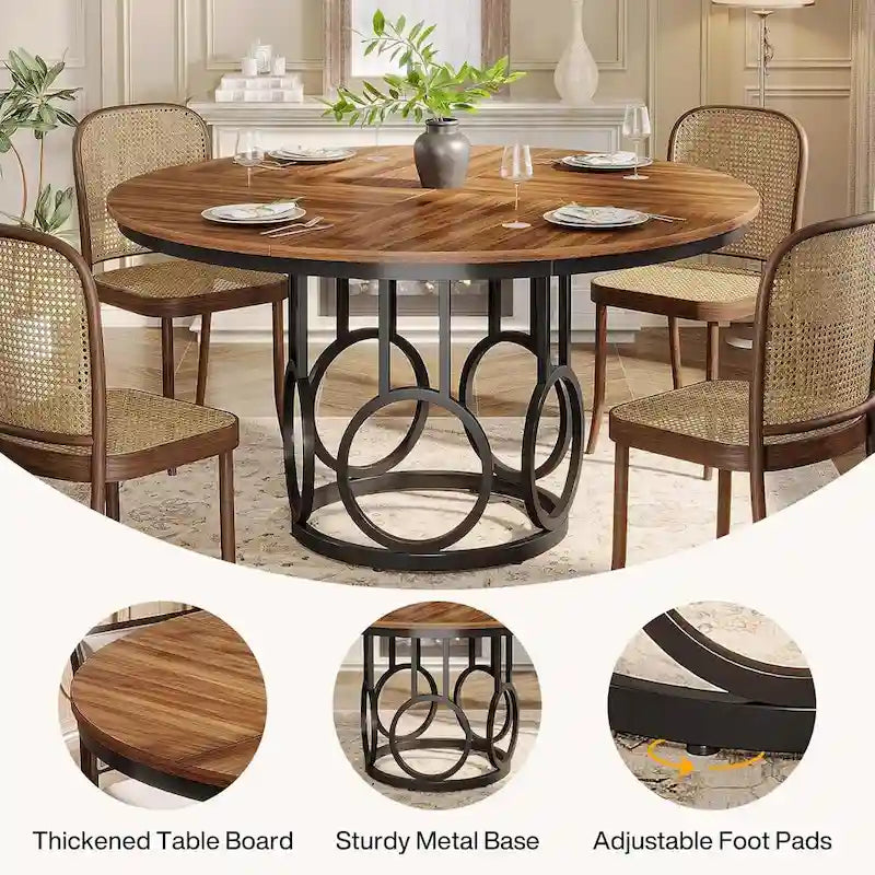 Table à manger ronde de 47 pouces Noyer foncé MDF Piètement anneau en métal noir