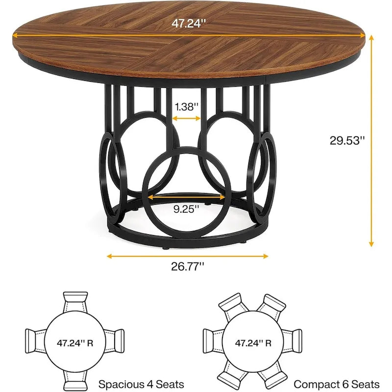 Table à manger ronde de 47 pouces Noyer foncé MDF Piètement anneau en métal noir